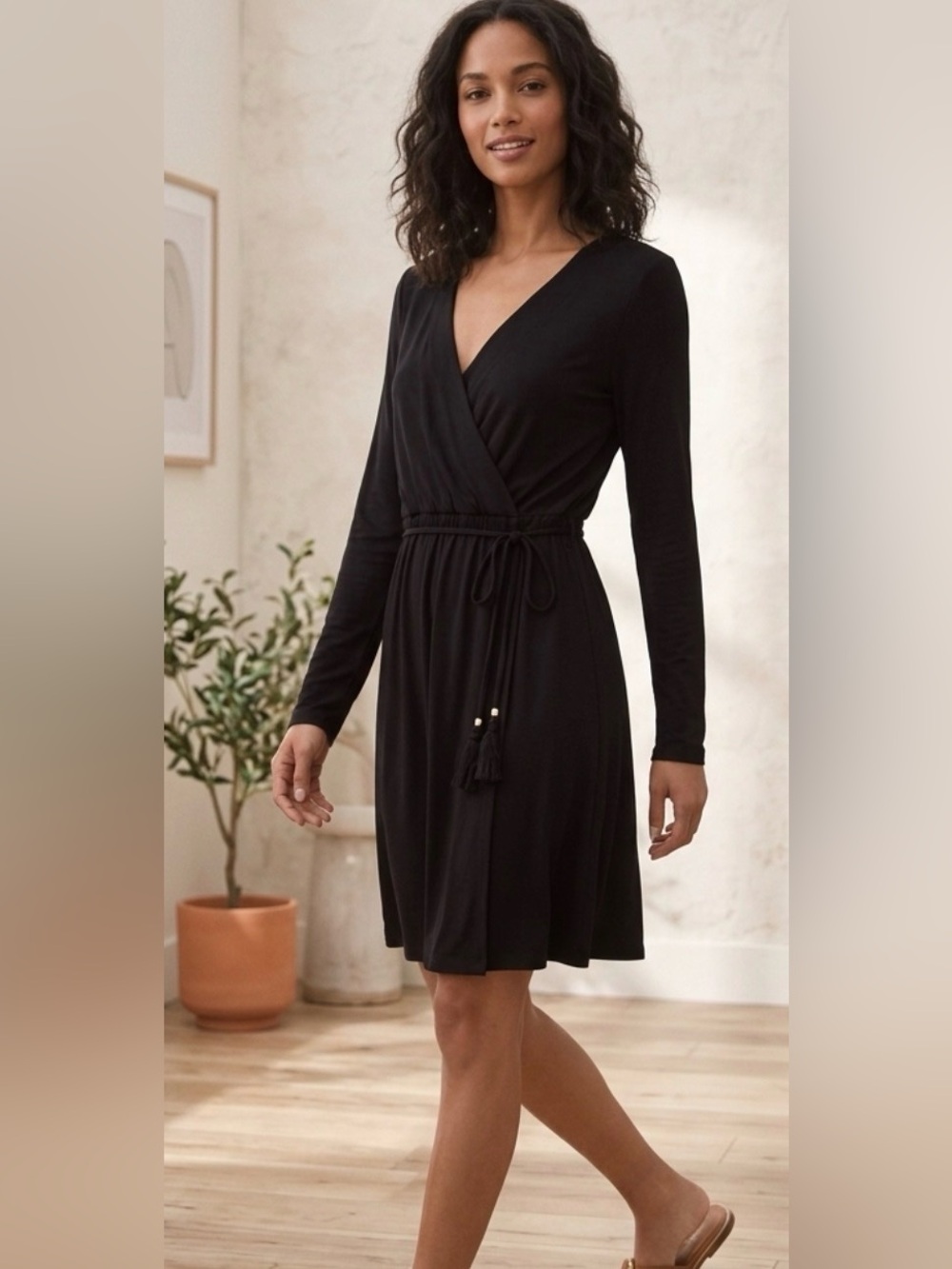Diane Von Furstenberg Black Long-Sleeve Faux-Wrap Dress